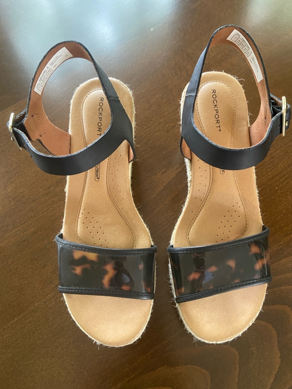 Sale! Rockport Lyla Espadrille Wedges, Black Leather/Tortoise Straps, size 7 - Picture 5 of 14